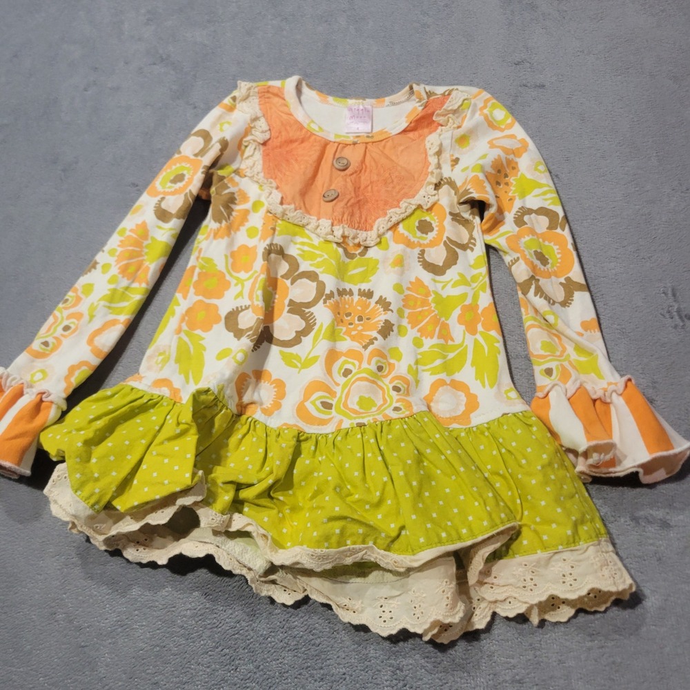 Giggle Moon Tunic Dress Girls 4 Orange Green Floral Ruffle Boutique Whimsical